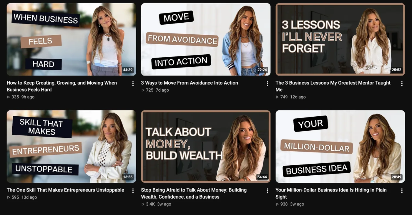 Jasmine Star's latest long videos: thumbnails with words in dark and beige boxes next to her photo, titles like How to Keep Creating, Growing, and Moving When Business Feels Hard, 335 to 3,400 views