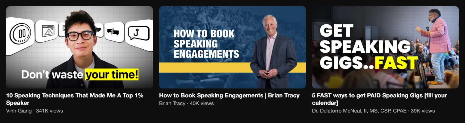Three reference videos by speakers and speaking coaches: 341K, 40K and 39K views