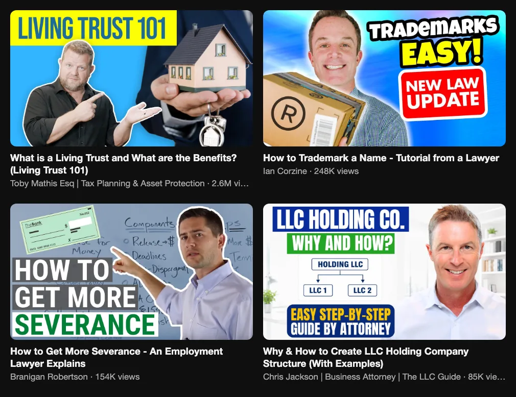 Four lawyer videos: living trust explained by Toby Mathis, 2.6M views; trademark a name, 248K; getting more severance, 154K; LLC holding company structure, 85K
