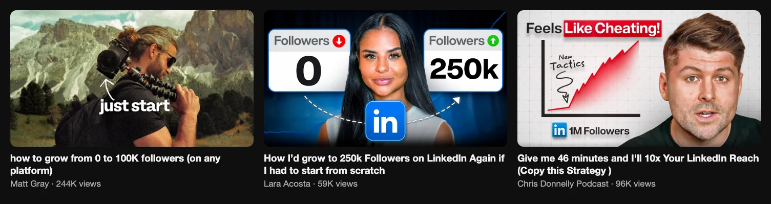Three reference videos by LinkedIn creators on YouTube: 244K, 59K and 96K views