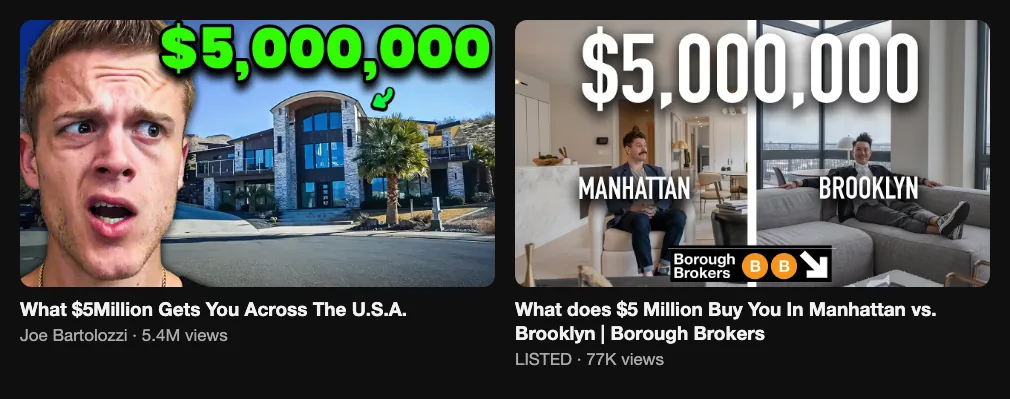 Two reference videos about what 5 million dollars buys in different places, 5.4M and 77K views
