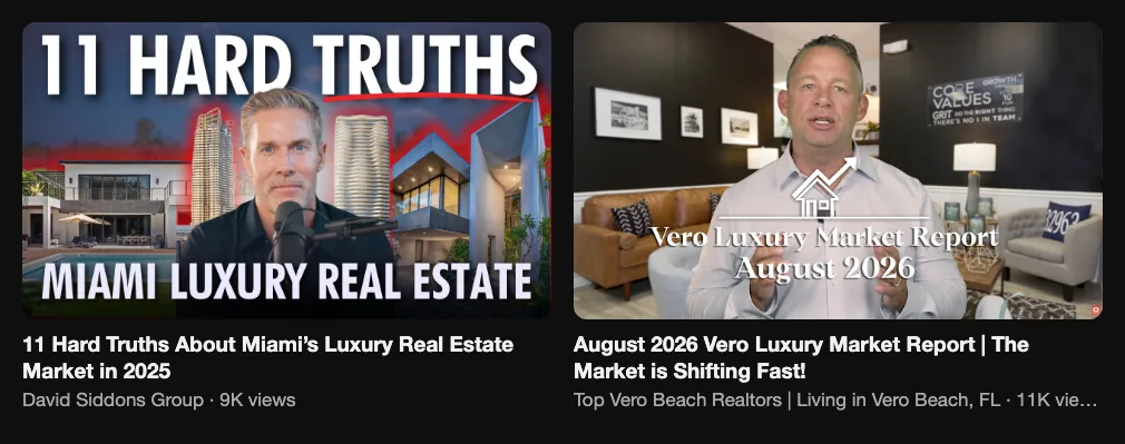 Two reference videos with local luxury real estate market reports, 9K and 11K views
