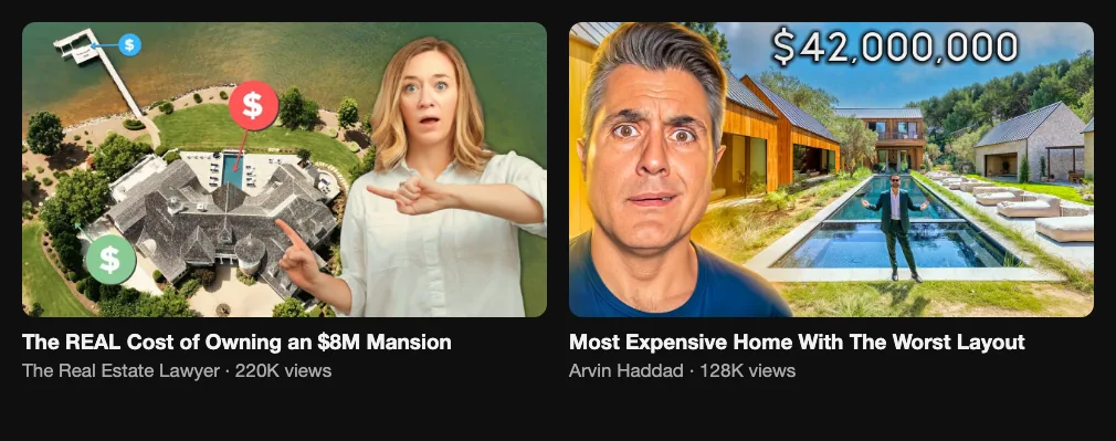 Two reference videos about the cost of owning a mansion and a luxury home with a bad layout, 220K and 128K views