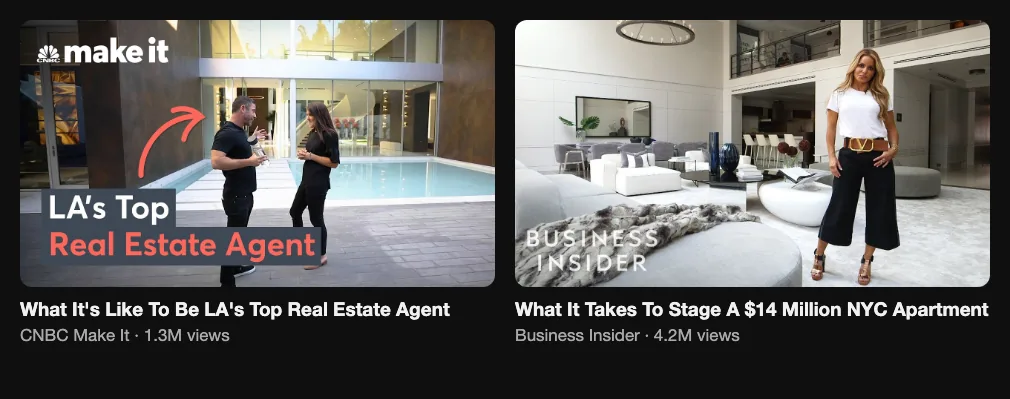 Two reference videos about a top luxury agent's work and staging a 14 million dollar apartment, 1.3M and 4.2M views