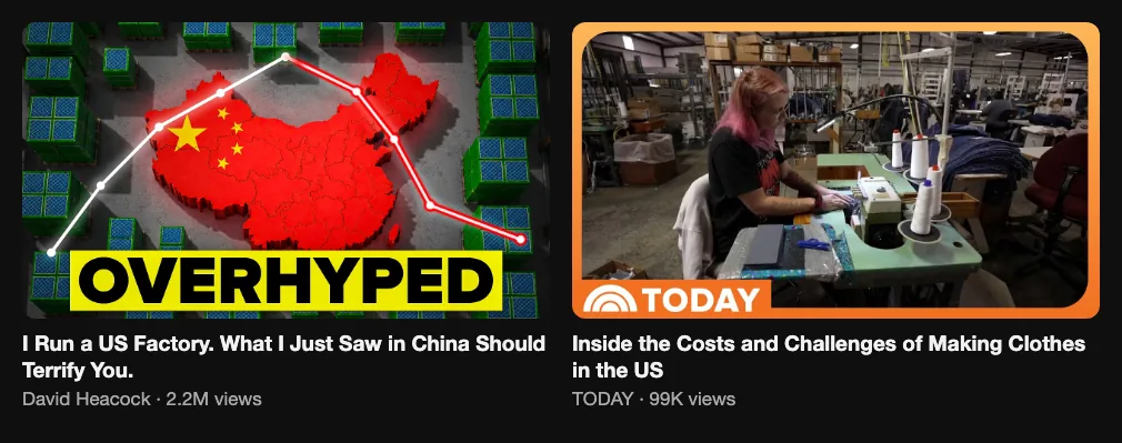 Two reference videos about manufacturing in the US vs China and its costs, 2.2M and 99K views