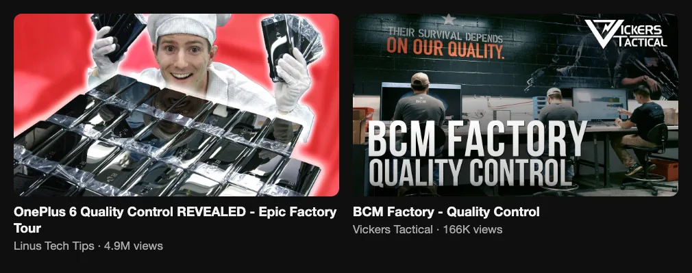 Two reference videos about quality control and inspection in manufacturing, 4.9M and 166K views