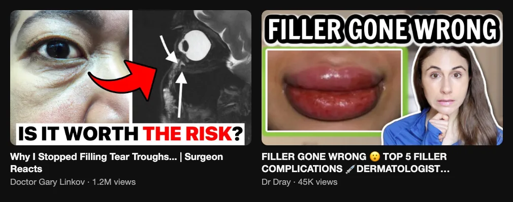 Two reference videos about filler complications from a surgeon and a dermatologist, 1.2M and 45K views