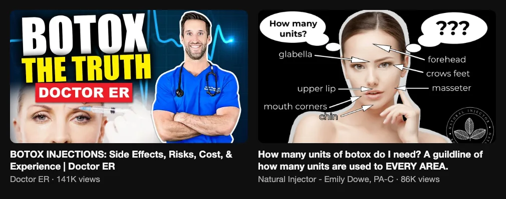 Two reference videos about the cost and dosage of anti-wrinkle injections, 141K and 86K views