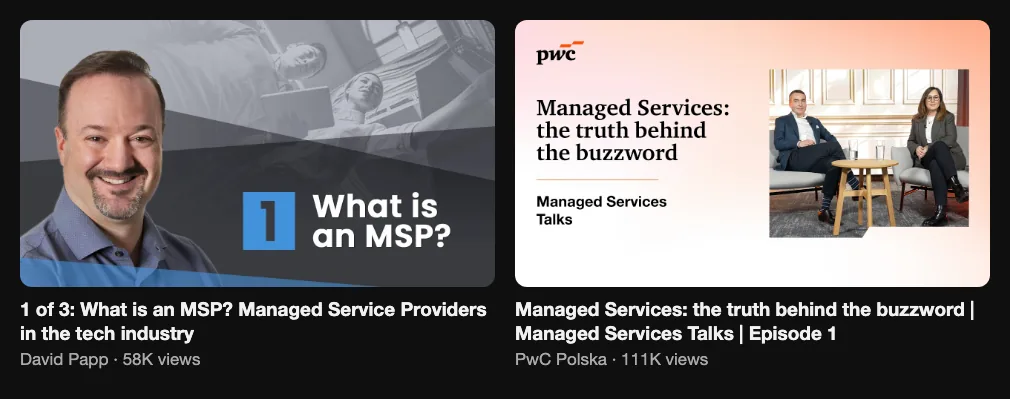 Two reference videos explaining what a managed service provider is, 58K and 111K views