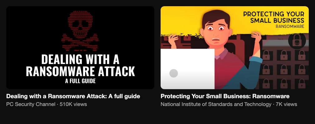Two reference videos about dealing with a ransomware attack, 510K and 7K views