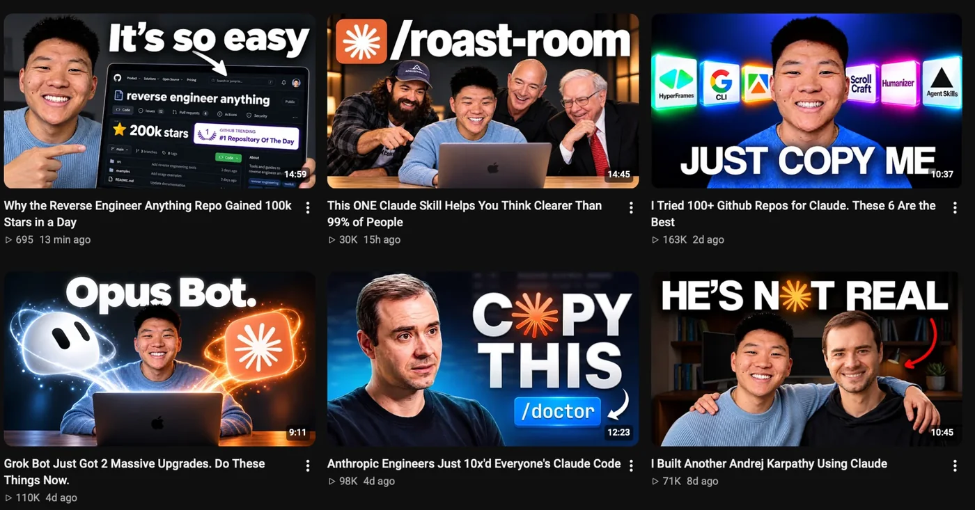 Nate Herk's latest videos: thumbnails with two or three huge words like JUST COPY ME and It's so easy, a big smiling face, glowing tool icons, titles like I Tried 100+ Github Repos for Claude. These 6 Are the Best, 30K to 163K views in days