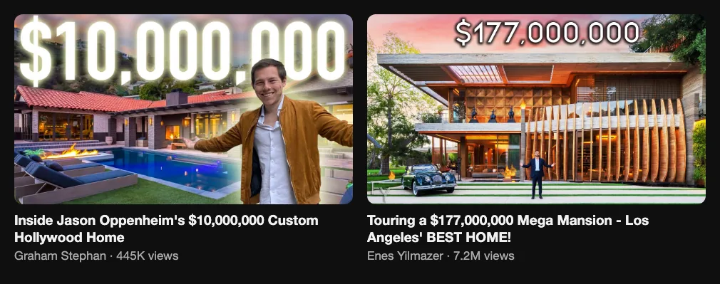 References for a luxury tour with commentary: Graham Stephan, Inside Jason Oppenheim's $10,000,000 Custom Hollywood Home, 445K views; Enes Yilmazer, Touring a $177,000,000 Mega Mansion, 7.2M views