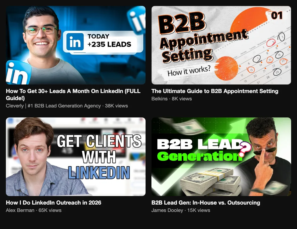 Four videos from lead generation companies: LinkedIn leads 38K views, B2B appointment setting 8K, LinkedIn outreach 65K, in-house vs outsourcing 15K