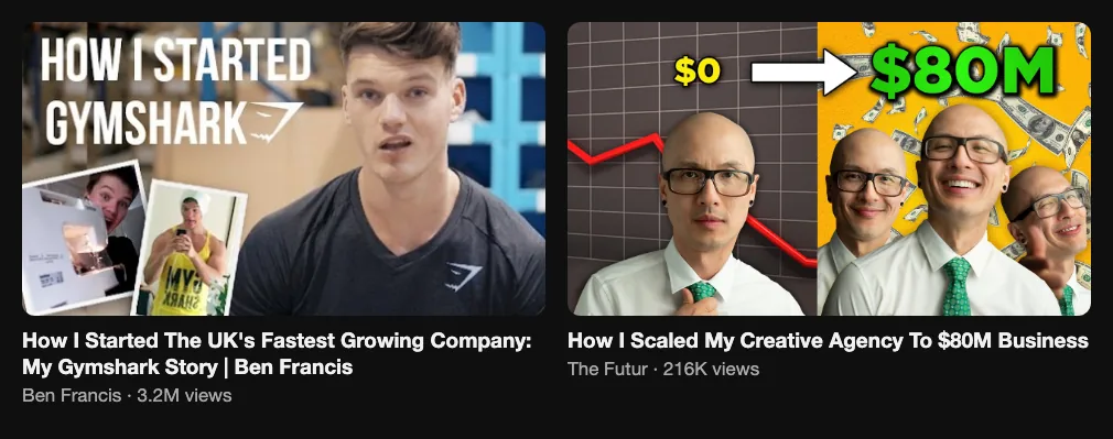 Two reference videos where founders tell how they started their companies, 3.2M and 216K views