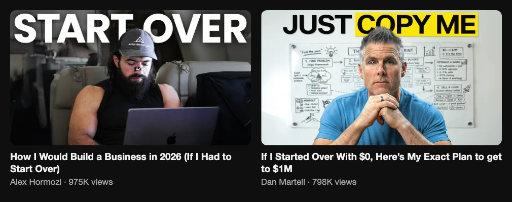 Two reference videos where founders explain how they would start over, 975K and 798K views