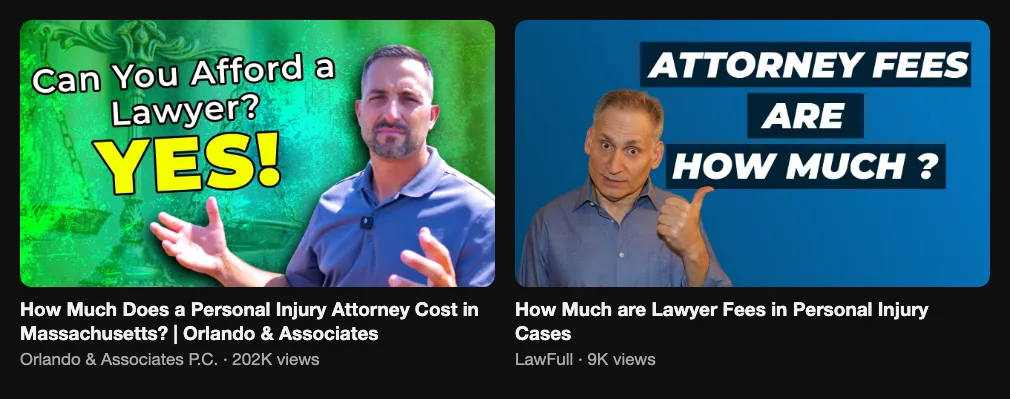 Two reference videos about personal injury lawyer fees, 202K and 9K views