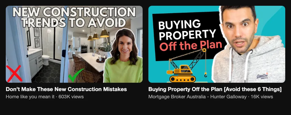 Two reference videos about new construction and off-plan buying mistakes, 603K and 16K views
