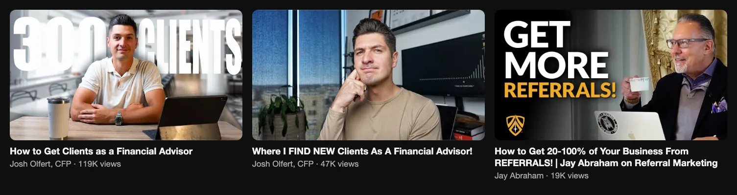 Three reference videos about getting clients and referrals: 119K, 47K and 19K views