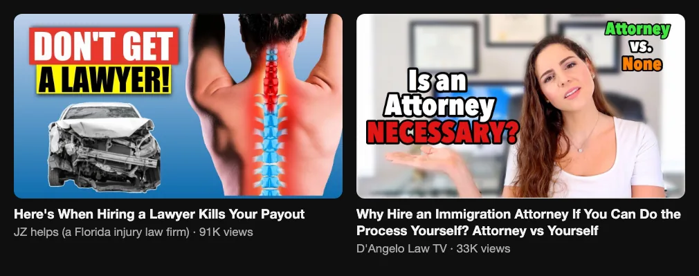 Two reference videos where law firms answer whether you need a lawyer, 91K and 33K views