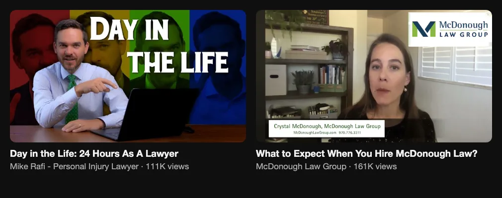 Two reference videos a lawyer's day and what to expect when you hire a small law firm, 111K and 161K views