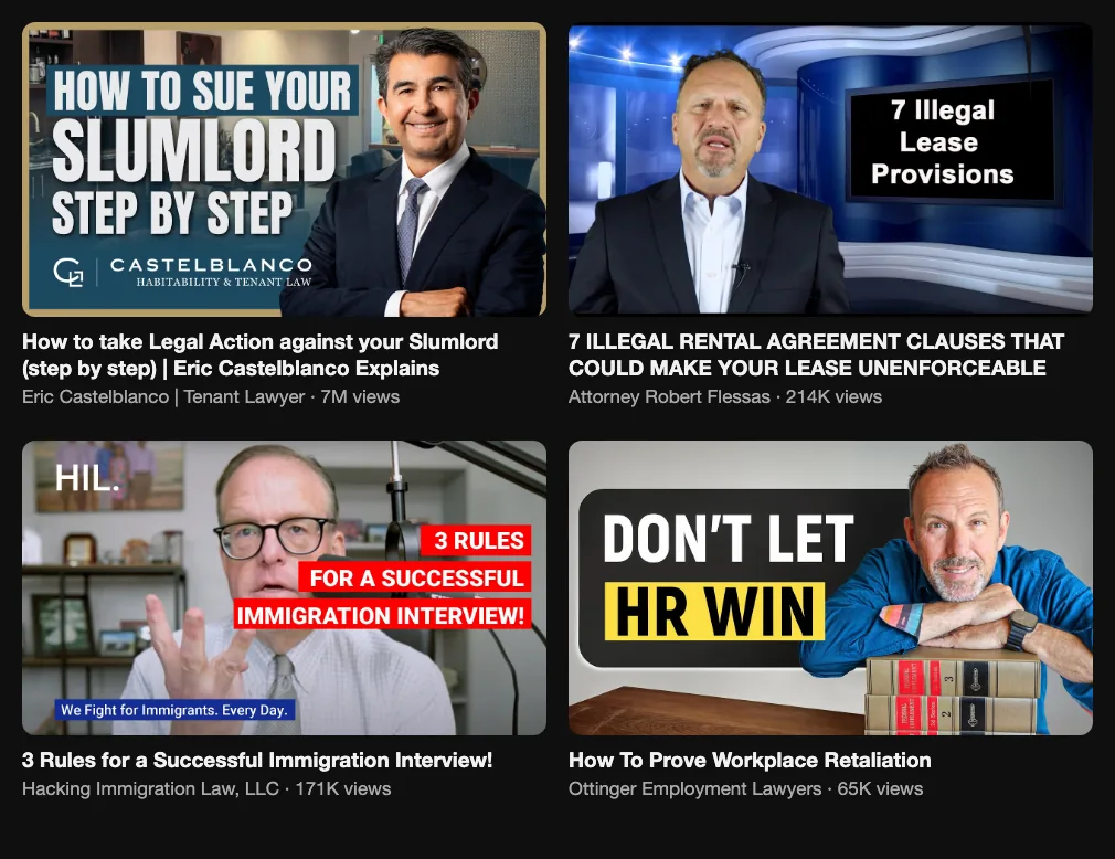 Four short lawyer explainer videos: tenant law 7M, rental clauses 214K, immigration interview 171K and workplace retaliation 65K views