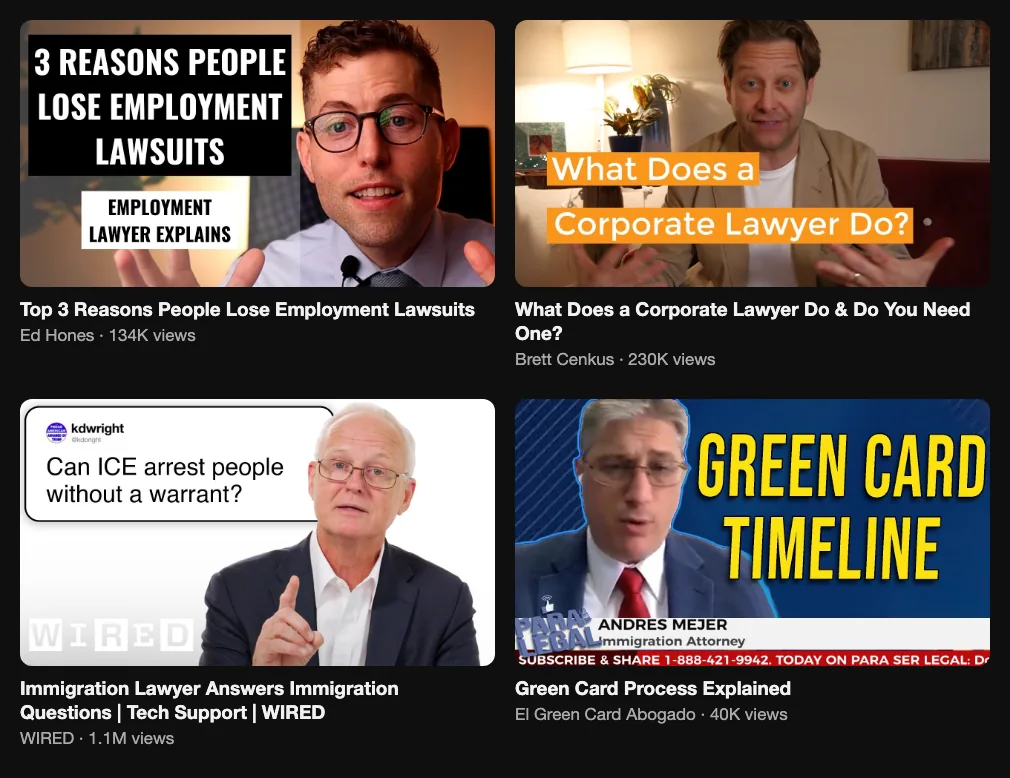 Four longer lawyer explainer videos: employment 134K, corporate 230K, immigration 1.1M and green card 40K views