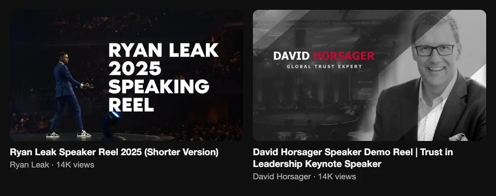 Two reference speaker reels from keynote speakers, both with 14K views