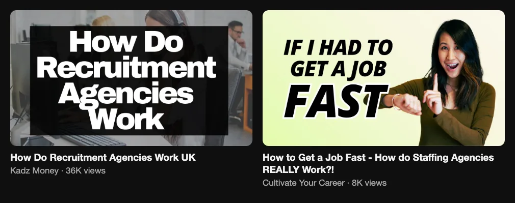 Two reference videos explaining how recruitment and staffing agencies work, 36K and 8K views