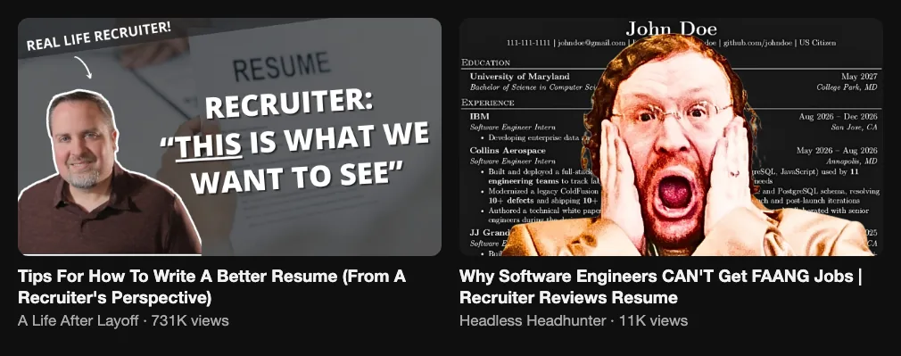 Two reference videos where recruiters review resumes, 731K and 11K views