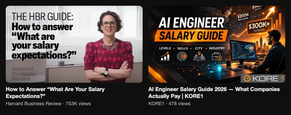 Two reference videos about salary expectations and a salary guide, 753K and 478 views