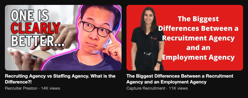 Two reference videos comparing recruitment, staffing and employment agencies, 14K and 11K views