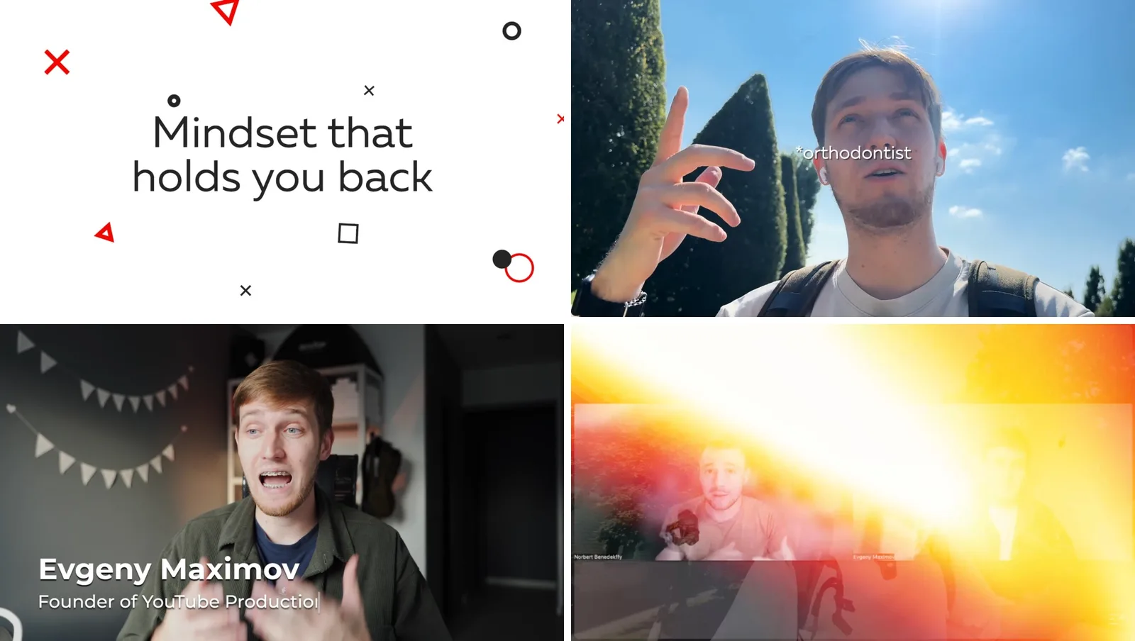 Four frames from our videos: a white chapter card with two lines of text, a one-word callout next to the face, a name lower third, and a light leak transition between locations