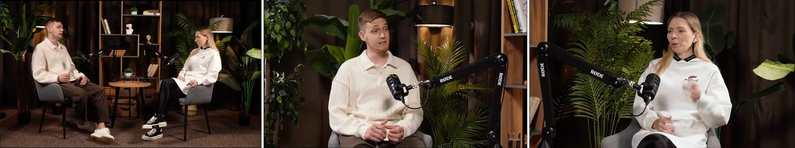 Three camera angles from one podcast we produced: a wide shot of both speakers in the studio and a close-up of each speaker