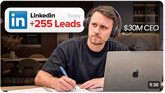 Reference thumbnail: a founder at a laptop next to a LinkedIn notification +255 Leads