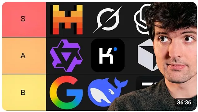 Reference thumbnail: a tier list of AI company logos with the host on the right