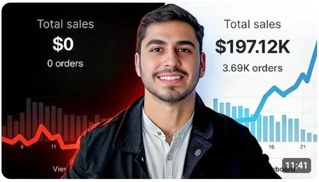 Reference thumbnail: Total sales $0 on a red chart on the left, $197.12K on a rising blue chart on the right, the host smiling in the middle