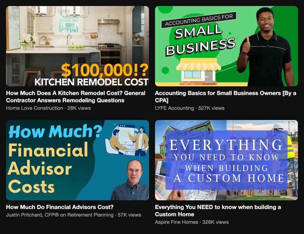 Four business videos: a contractor on kitchen remodel cost 28K views, a CPA teaching accounting basics 527K, a financial advisor on fees 57K, a builder on custom homes 326K