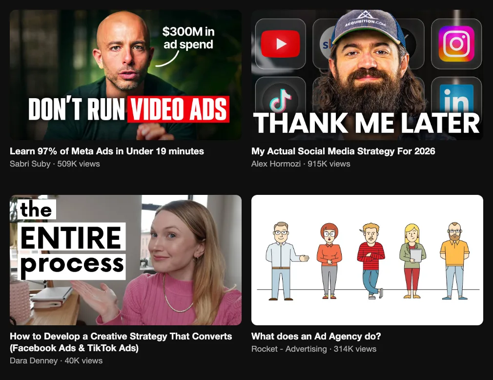 Four videos about video and ad marketing: Meta ads 509K views, a social media strategy 915K, a creative strategy for ads 40K and what an ad agency does 314K
