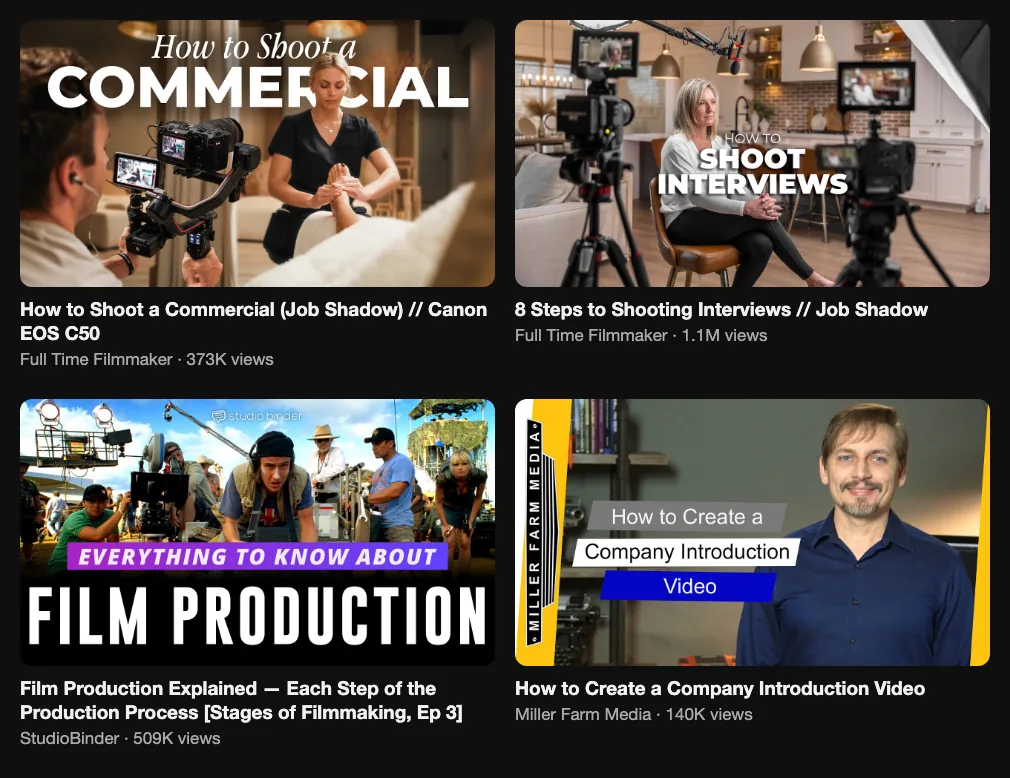 Four videos by video professionals: a commercial shoot job shadow 373K views, interview shooting 1.1M, film production explained 509K and a company introduction video 140K