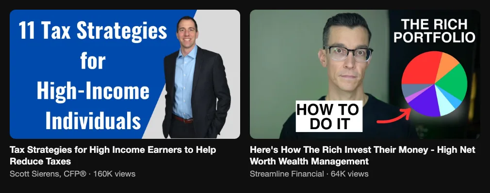 Two reference videos about tax strategies for high earners and how the wealthy invest, 160K and 64K views
