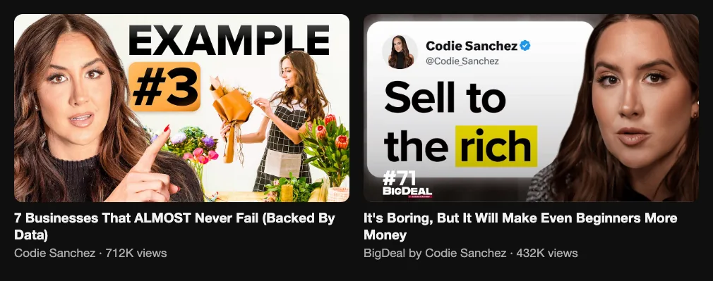 Two reference videos from Codie Sanchez's series about boring businesses, 712K and 432K views