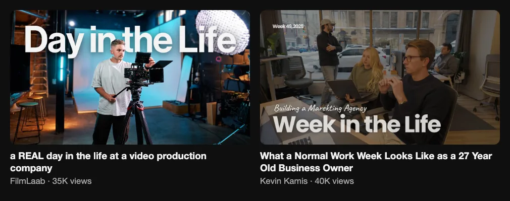 Two reference behind-the-scenes videos of service businesses, 35K and 40K views