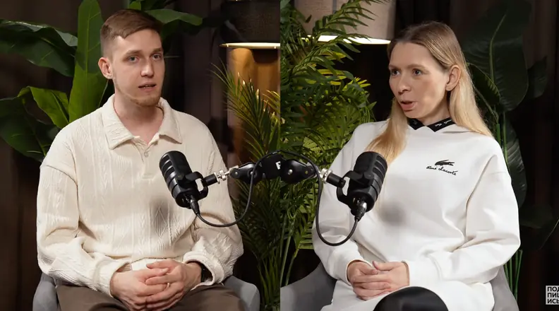 Final frame from a client video: two-person podcast