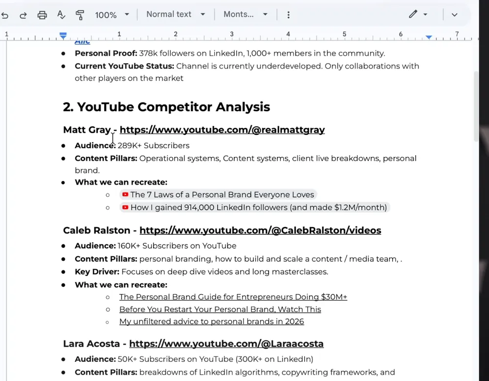 Strategy document: YouTube competitor analysis with Matt Gray, Caleb Ralston and Lara Acosta, their audience, content pillars and videos to recreate
