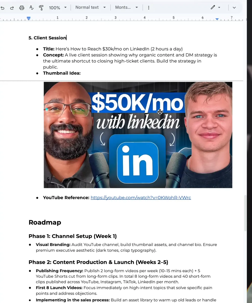 Strategy document: the live client session format with a thumbnail idea, and the three-phase roadmap
