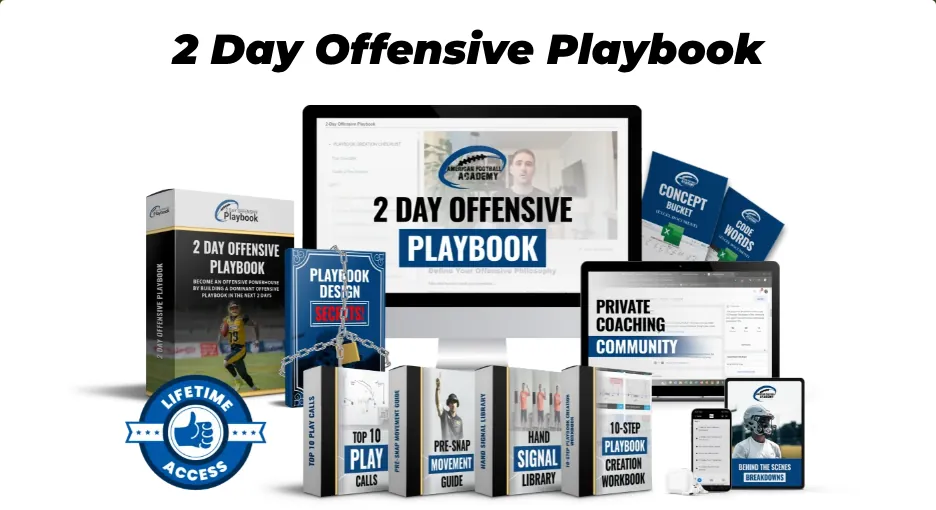 American Football Academy website: the 2 Day Offensive Playbook course with its workbooks and coaching community