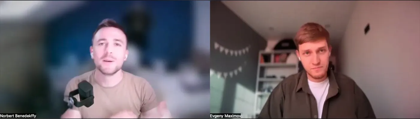 Zoom call between Norbert Benedekffy and Evgeny Maximov during the interview about his first videos