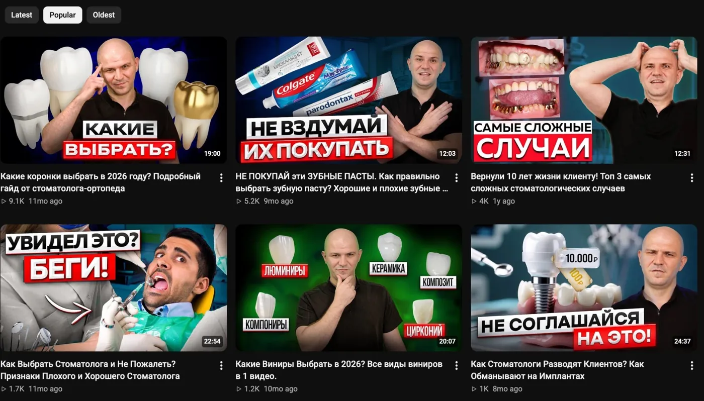 The orthodontist's most popular YouTube videos: guides on crowns, toothpaste, veneers and implants, 1K to 9.1K views