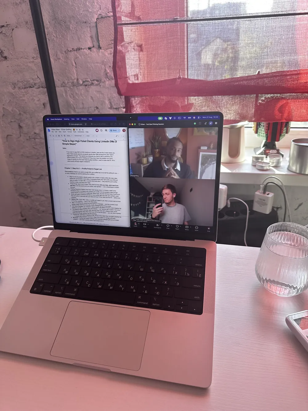 A remote recording session: the script in a Google Doc on the left and the client on a Zoom call on the right