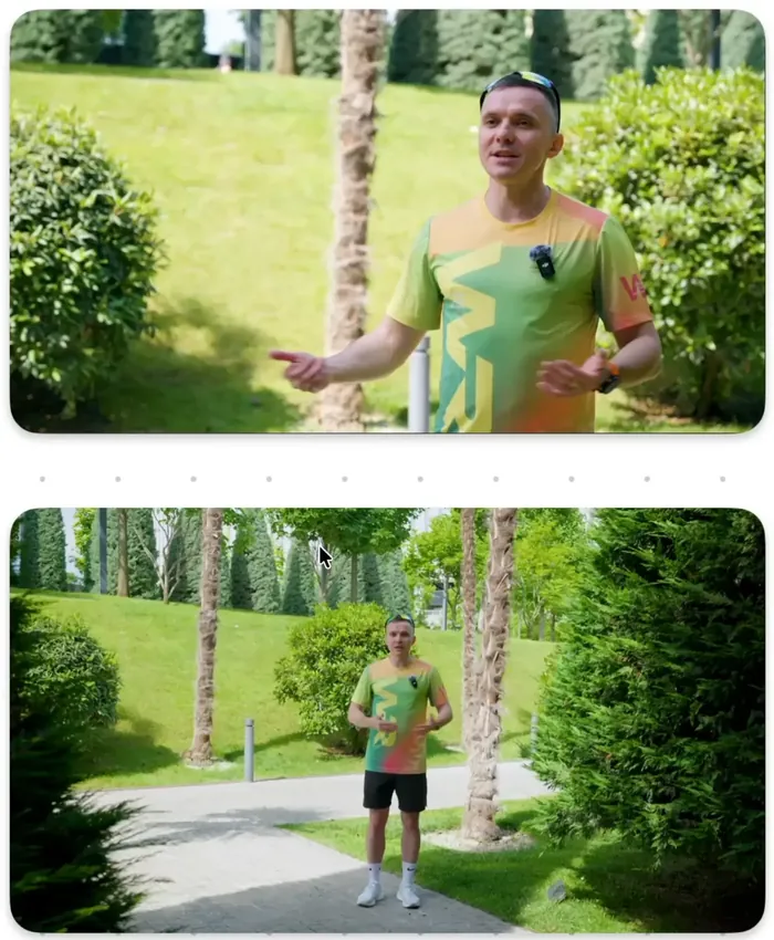 Two frames from an outdoor running channel: a coach talking to camera in a green park